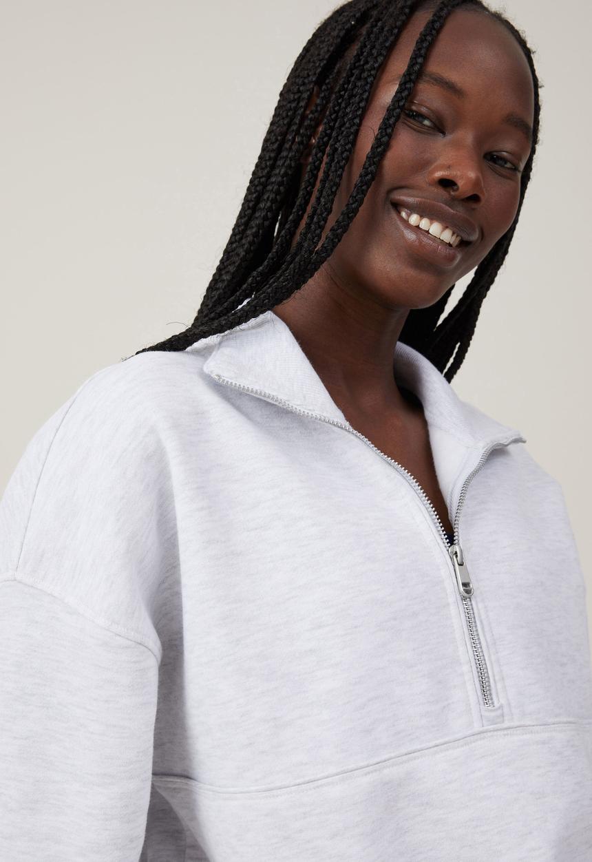 Cotton On - Plush Rib Half Zip Jumper - Cloudy Grey Marle