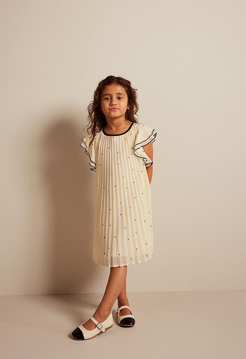 H&M - Pleated a-line dress - Cream dotted