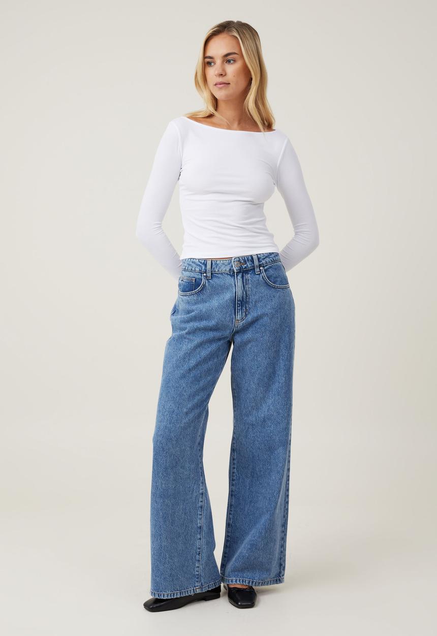 Cotton On - Staple Rib Boat Neck Long Sleeve Top - White