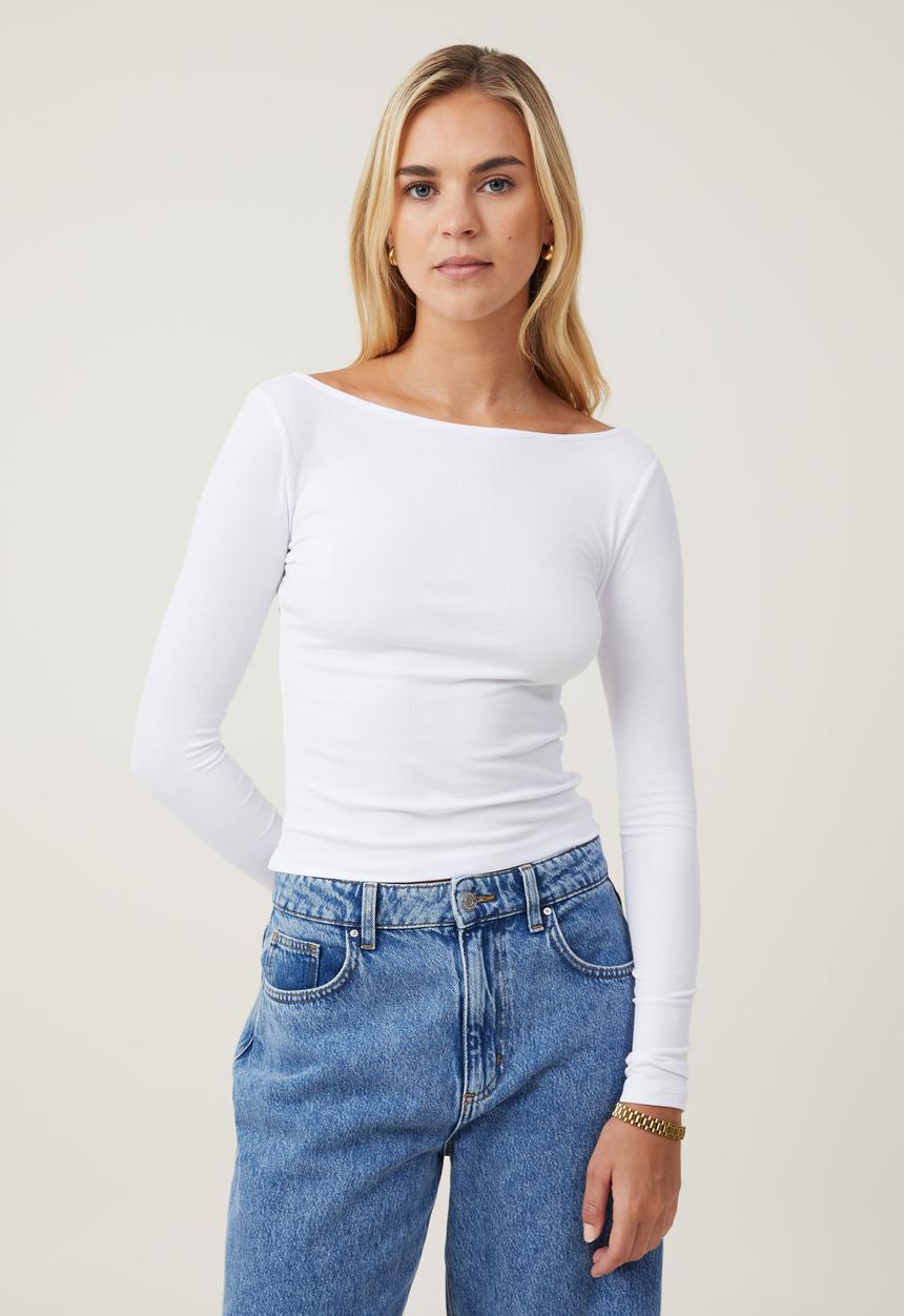 Cotton On - Staple Rib Boat Neck Long Sleeve Top - White