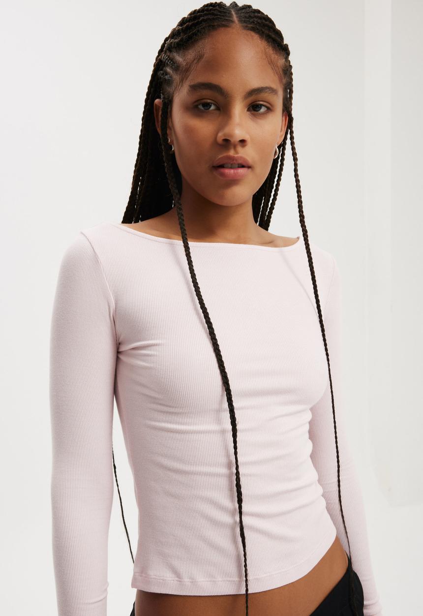 Cotton On - Staple Rib Boat Neck Long Sleeve Top - Soft Pink