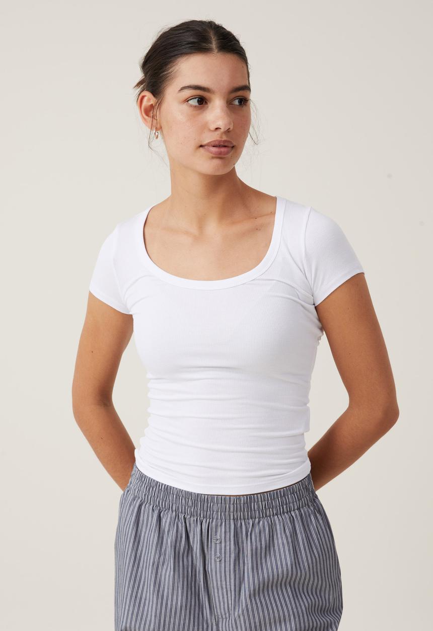 Cotton On - Staple Rib Scoop Neck Short Sleeve Top-White Ii