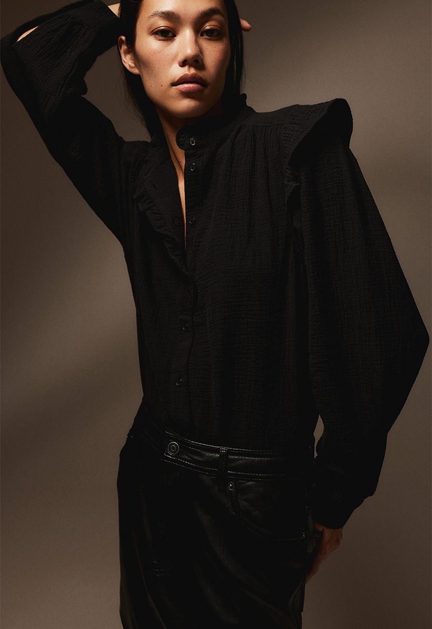 H&M - Frill-trimmed muslin blouse - black