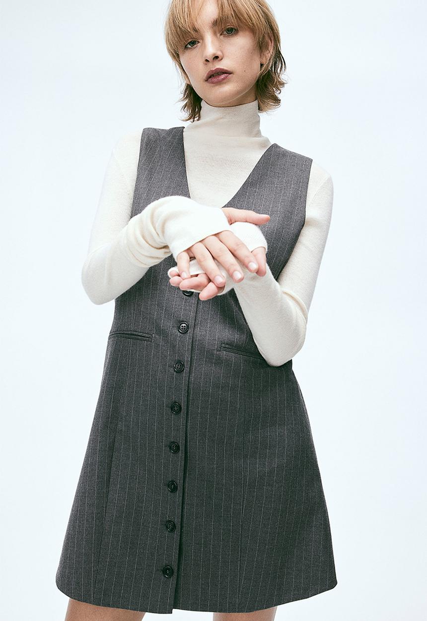 H&M - Button-front dress - dark grey/pinstriped