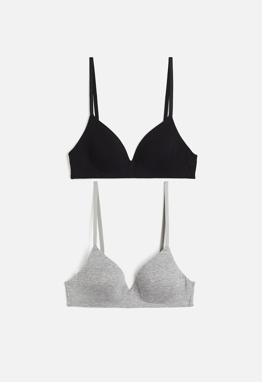 H&M - 2-Pack padded non-wired cotton bras - black & grey