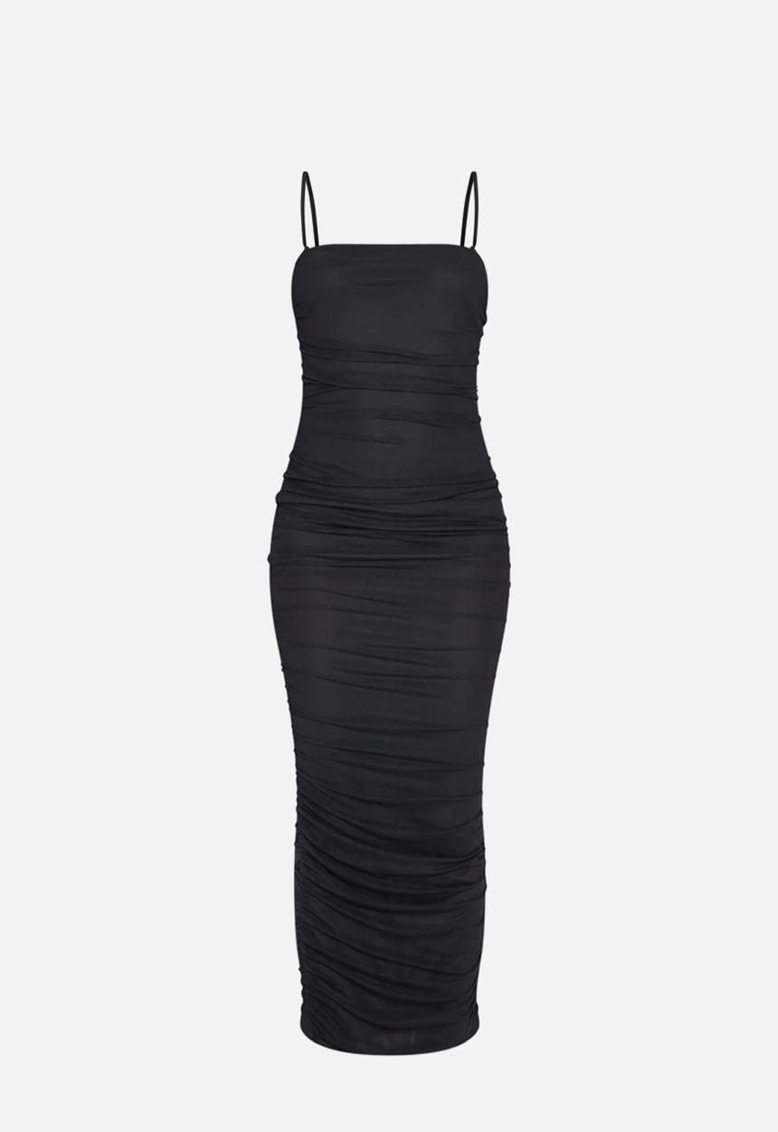 PrettyLittleThing - Black Strappy Mesh Ruched Midaxi Dress - Black