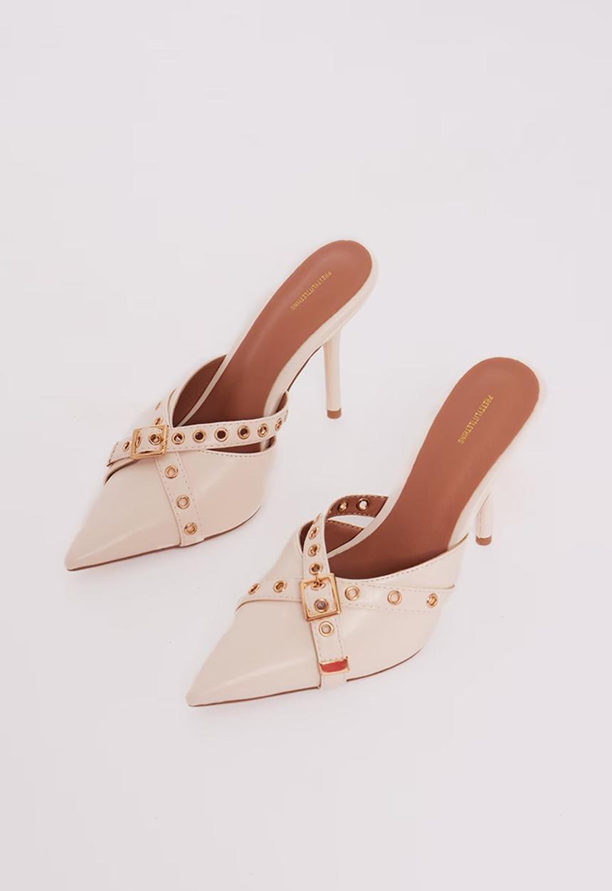 PrettyLittleThing - Beige pu point toe eyelet heeled mules - beige
