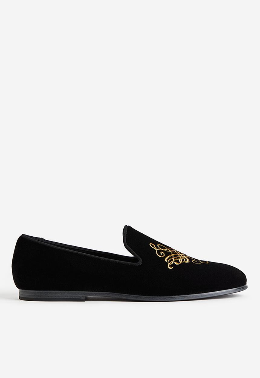 H&M - Embroidered velour loafers - black