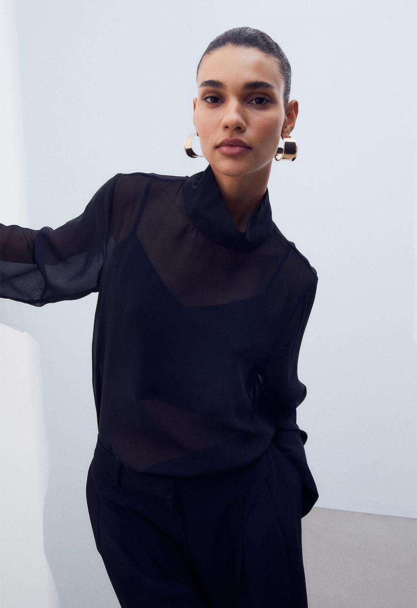 H&M - Sheer stand-up collar blouse - black