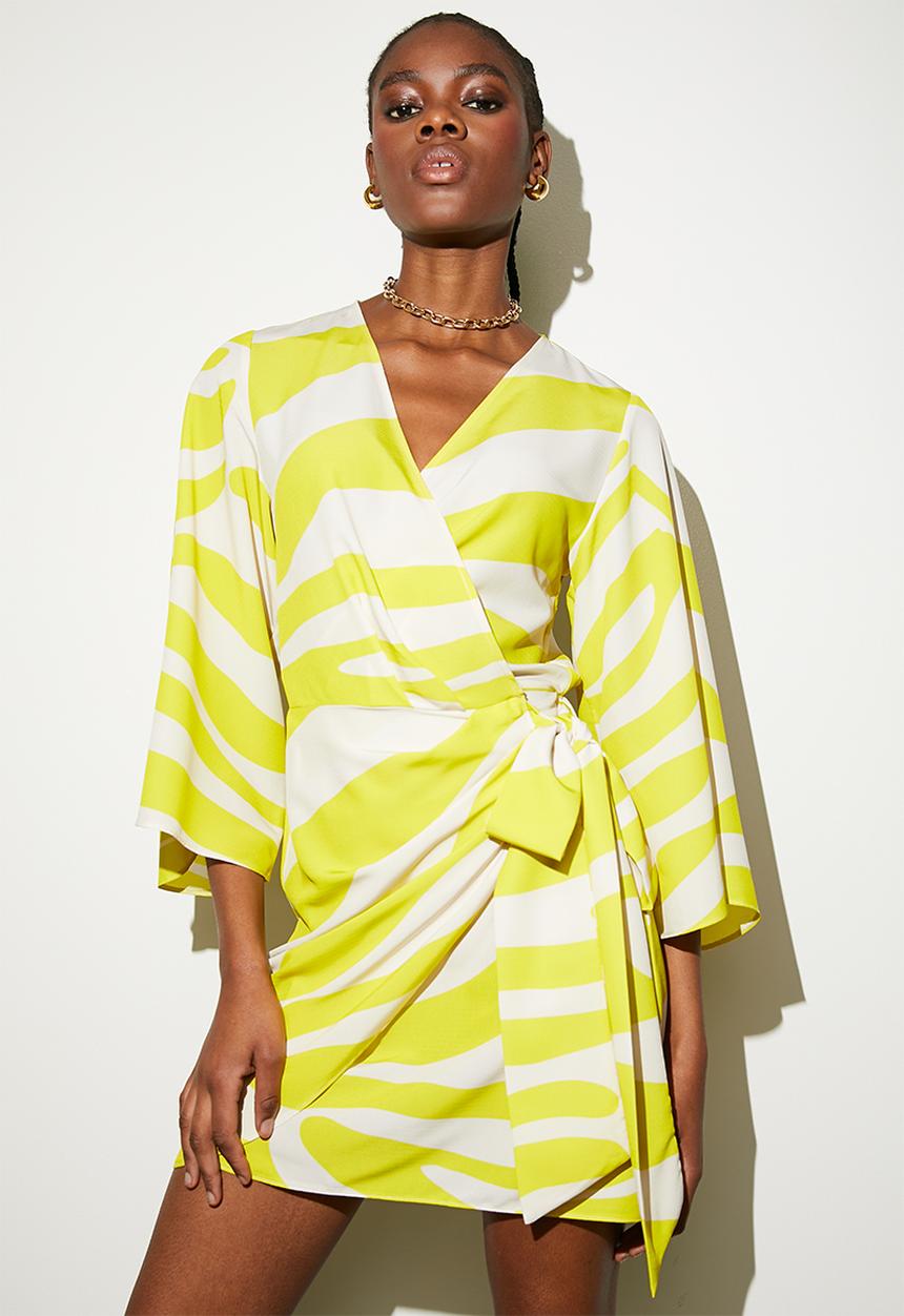 VELVET - Exaggerated sleeve mini wrap dress - yellow graded zebra