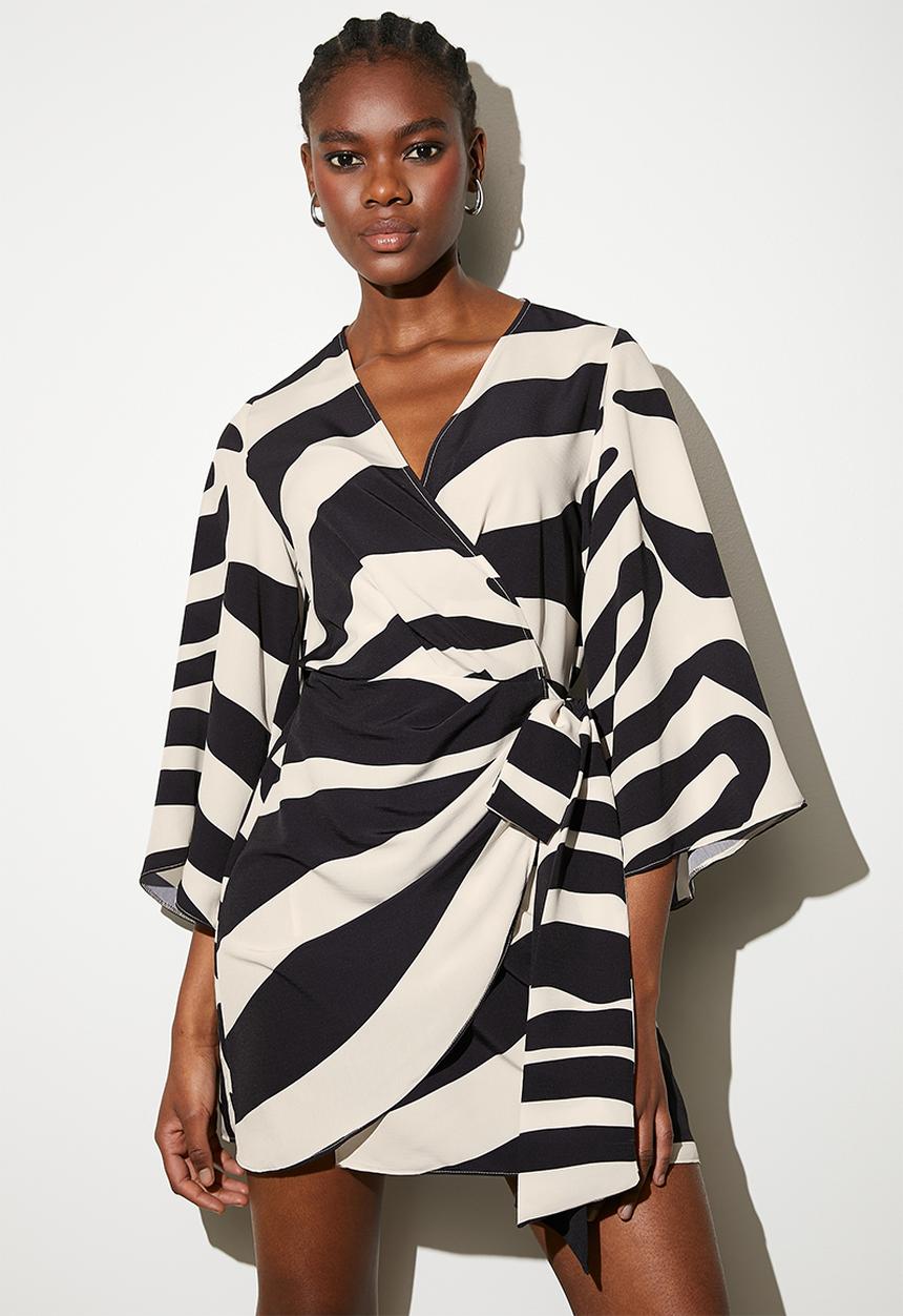 VELVET - Exaggerated sleeve mini wrap dress - graded zebra