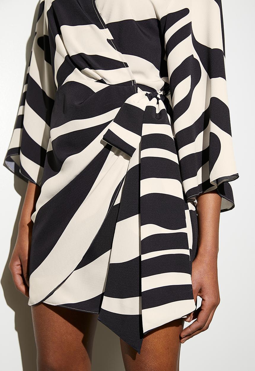 VELVET - Exaggerated sleeve mini wrap dress - graded zebra