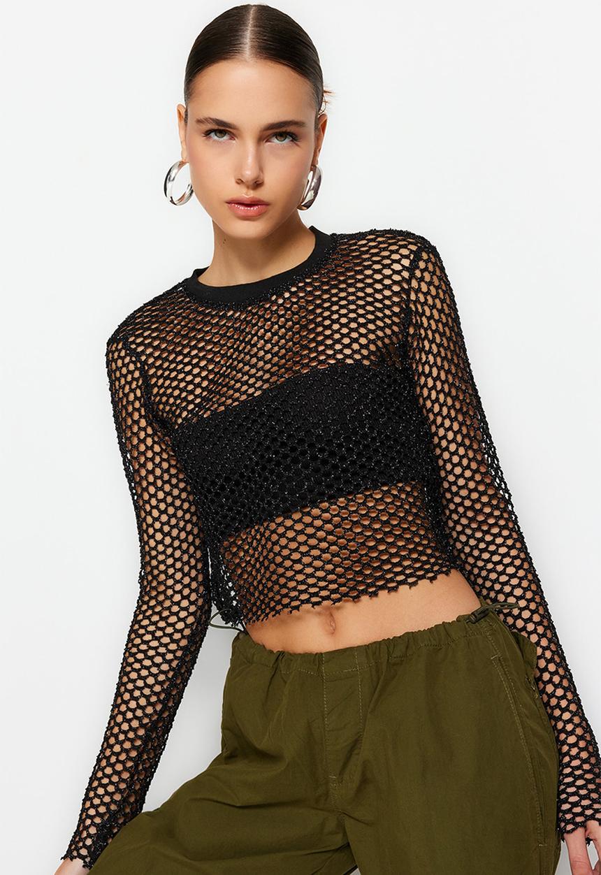 Trendyol - Lurex mesh, relaxed cut, crew neck crop knitted blouse - schwarz