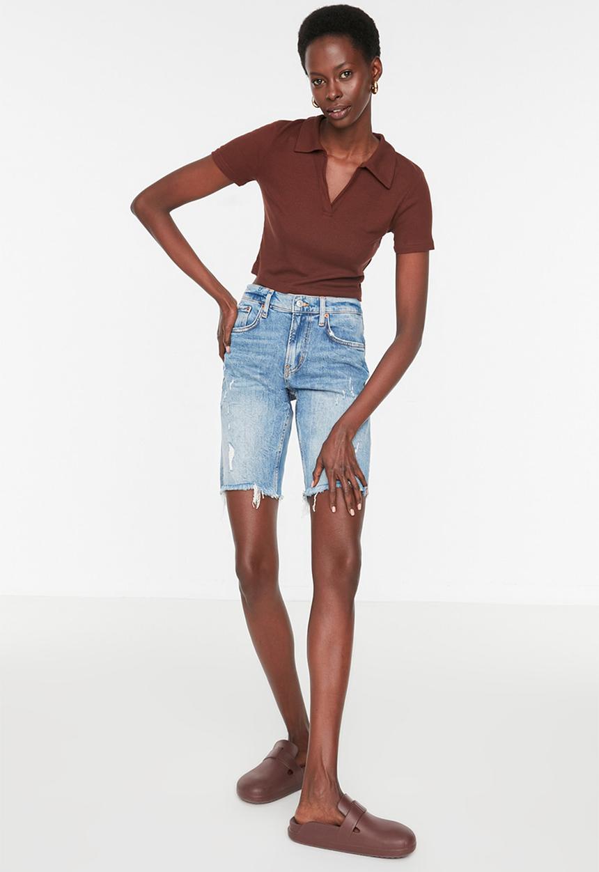 Trendyol - Fitted/situated crop polo neck ribbed stretch knit blouse - brown