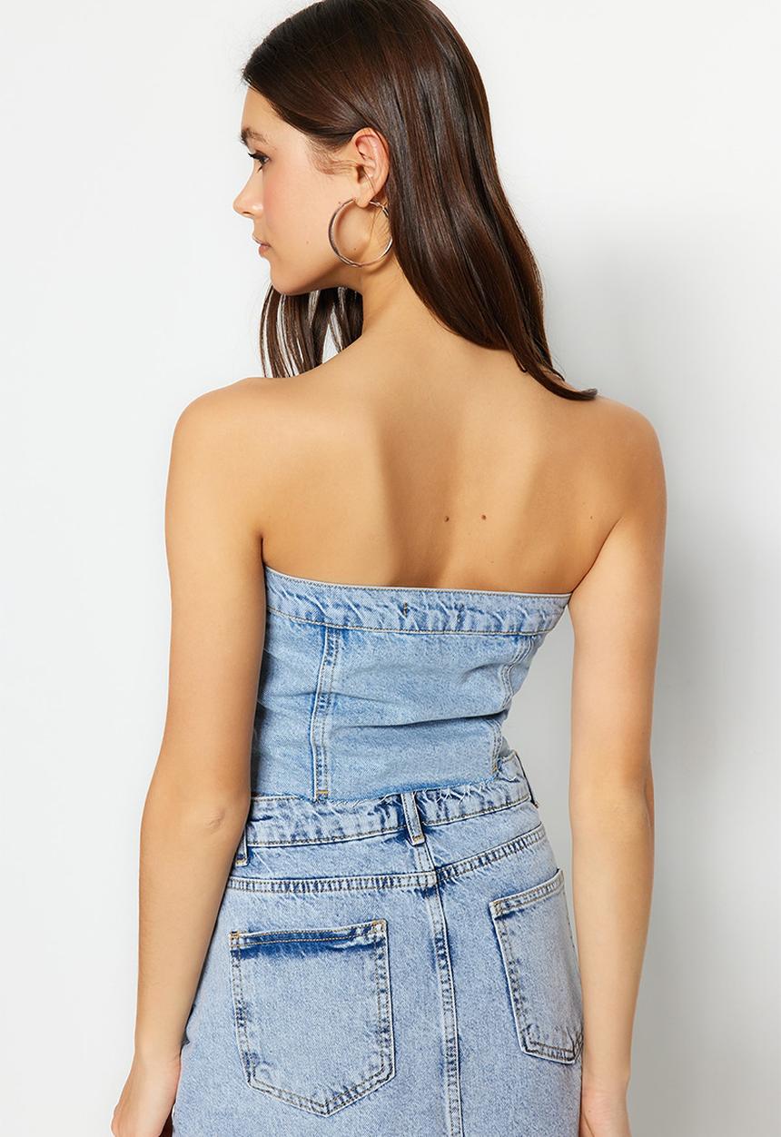 Trendyol - Stitching detailed strapless denim bustier - blau