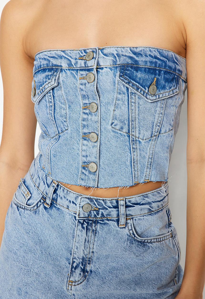 Trendyol - Stitching detailed strapless denim bustier - blau
