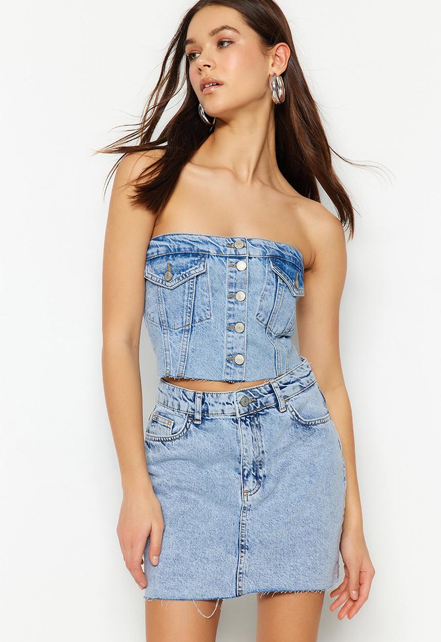 Trendyol - Stitching detailed strapless denim bustier - blau