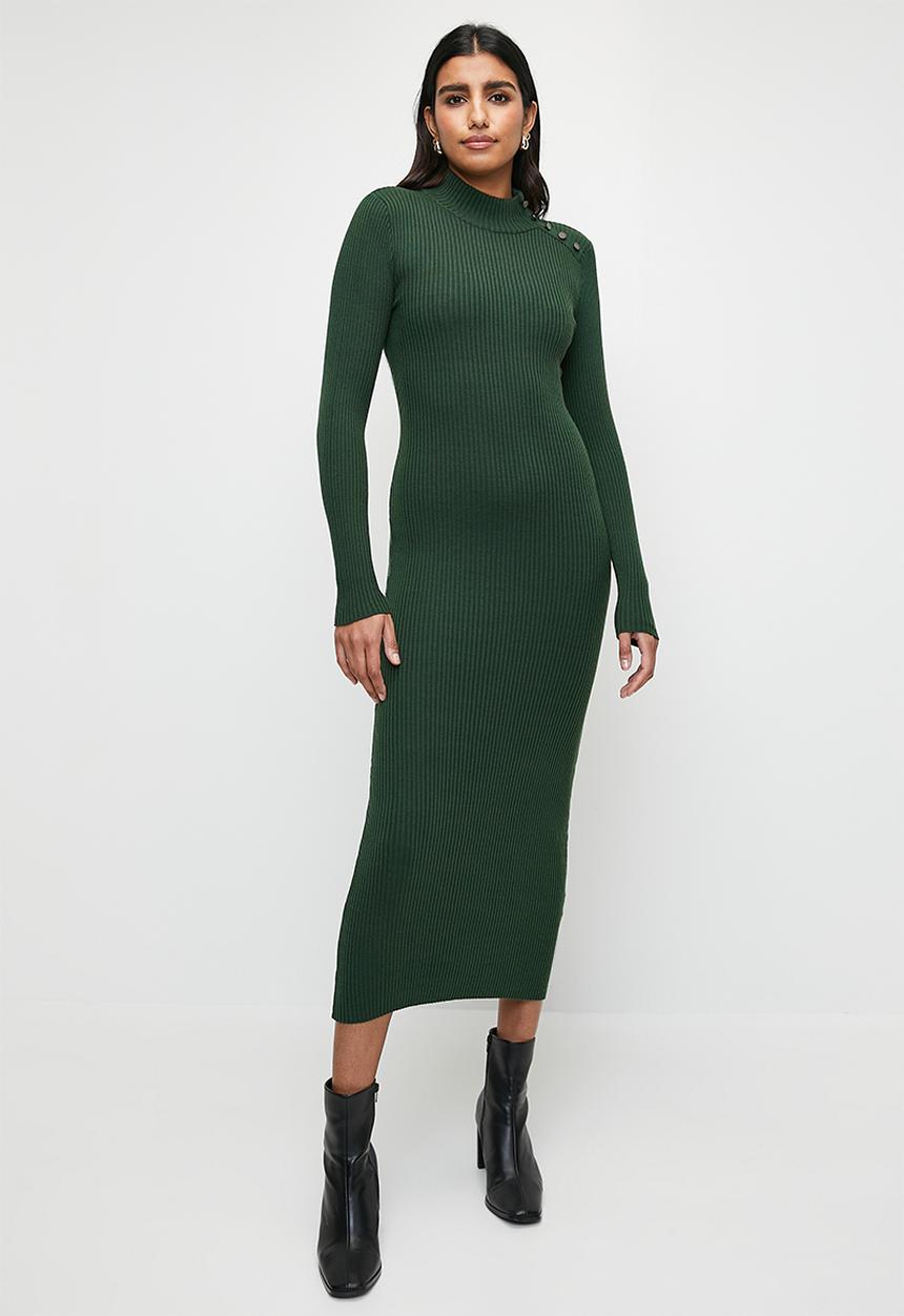 edit - Column knitwear dress with button detail - bottle green