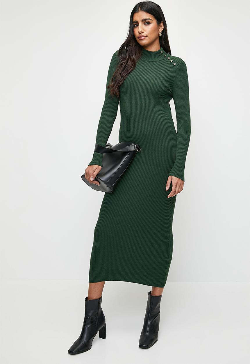 edit - Column knitwear dress with button detail - bottle green