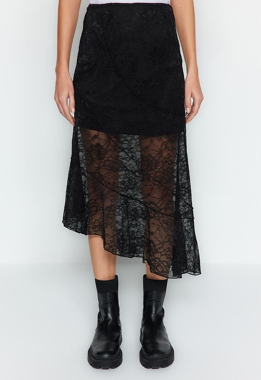 Trendyol - Asymmetrical Knit Lace Skirt - Black