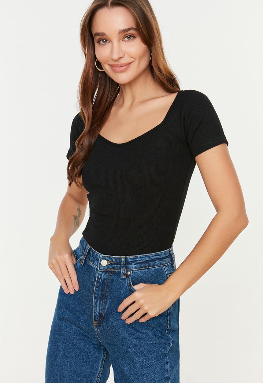 Trendyol - Fitted/Charcoal Corduroy T-Shirt - Schwarz