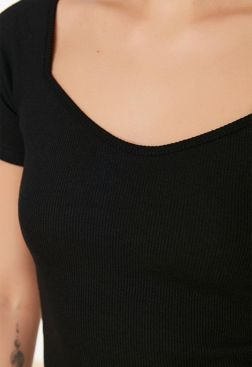 Trendyol - Fitted/Charcoal Corduroy T-Shirt - Schwarz