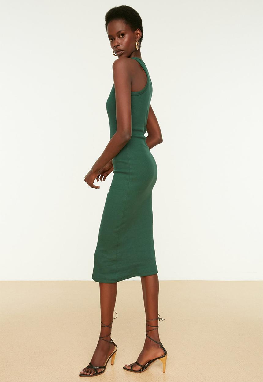 Trendyol - Halterneck fitted ripple flexible midi knit dress - dark green