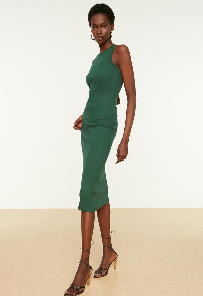 Trendyol - Halterneck fitted ripple flexible midi knit dress - dark green