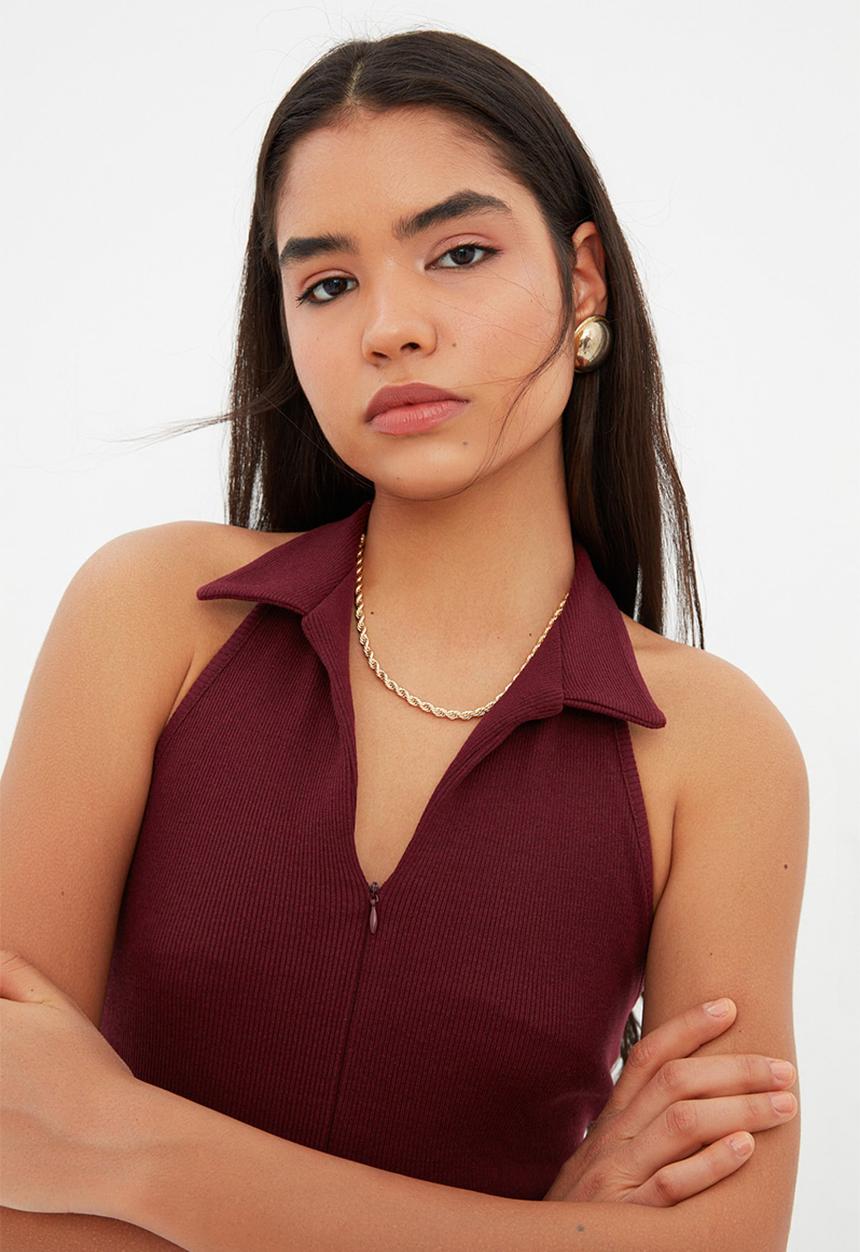 Trendyol - Collar, fitted collar mini ribbed dress - burgundy