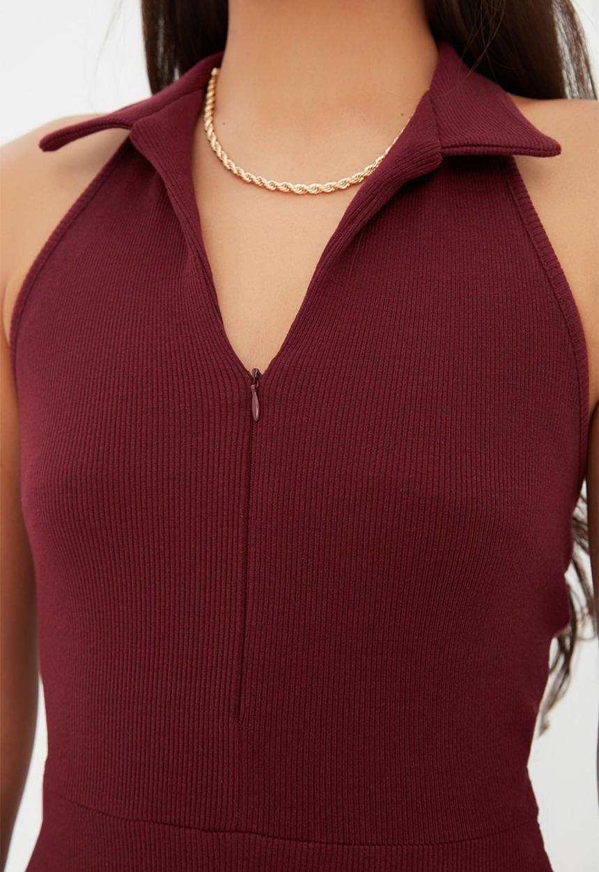 Trendyol - Collar, fitted collar mini ribbed dress - burgundy