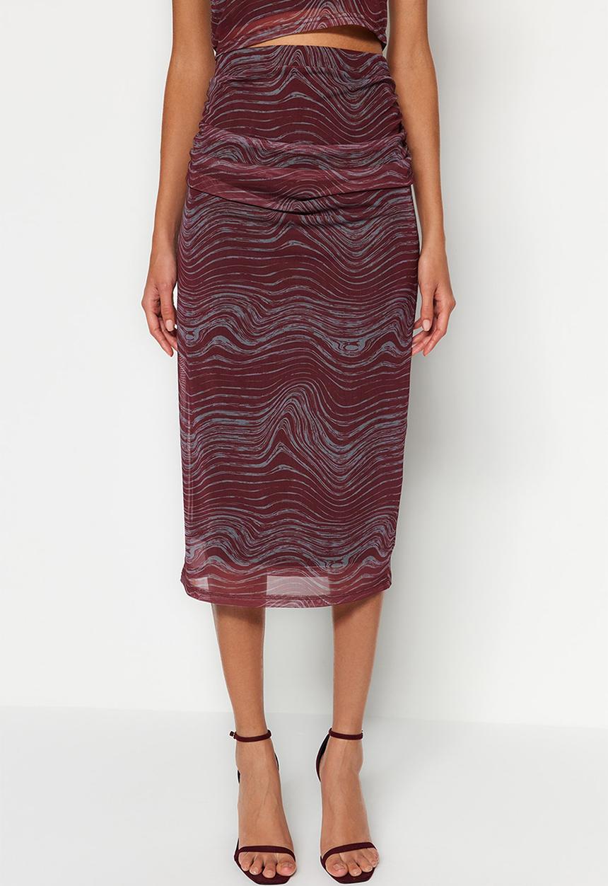 Trendyol - Printed tulle fitted high waist - burgundy
