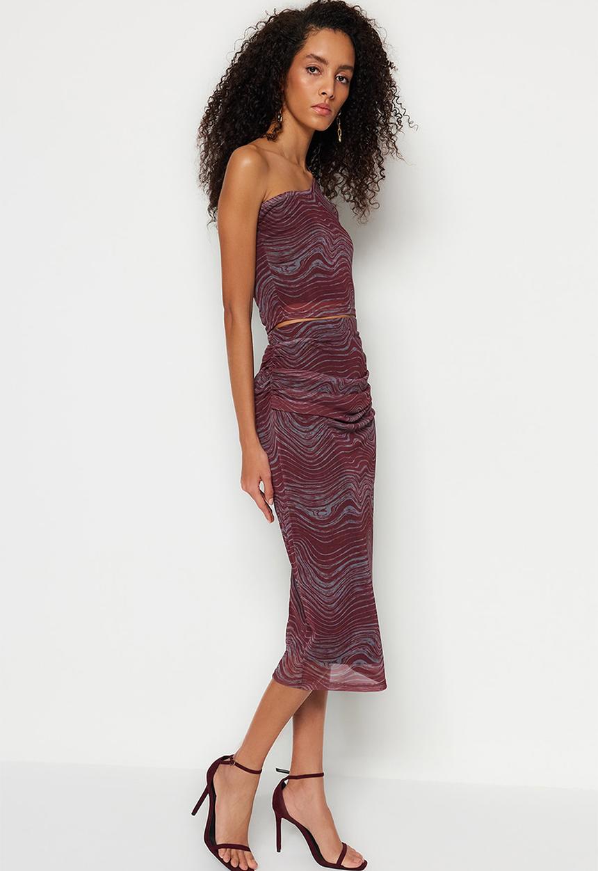 Trendyol - Printed tulle fitted high waist - burgundy