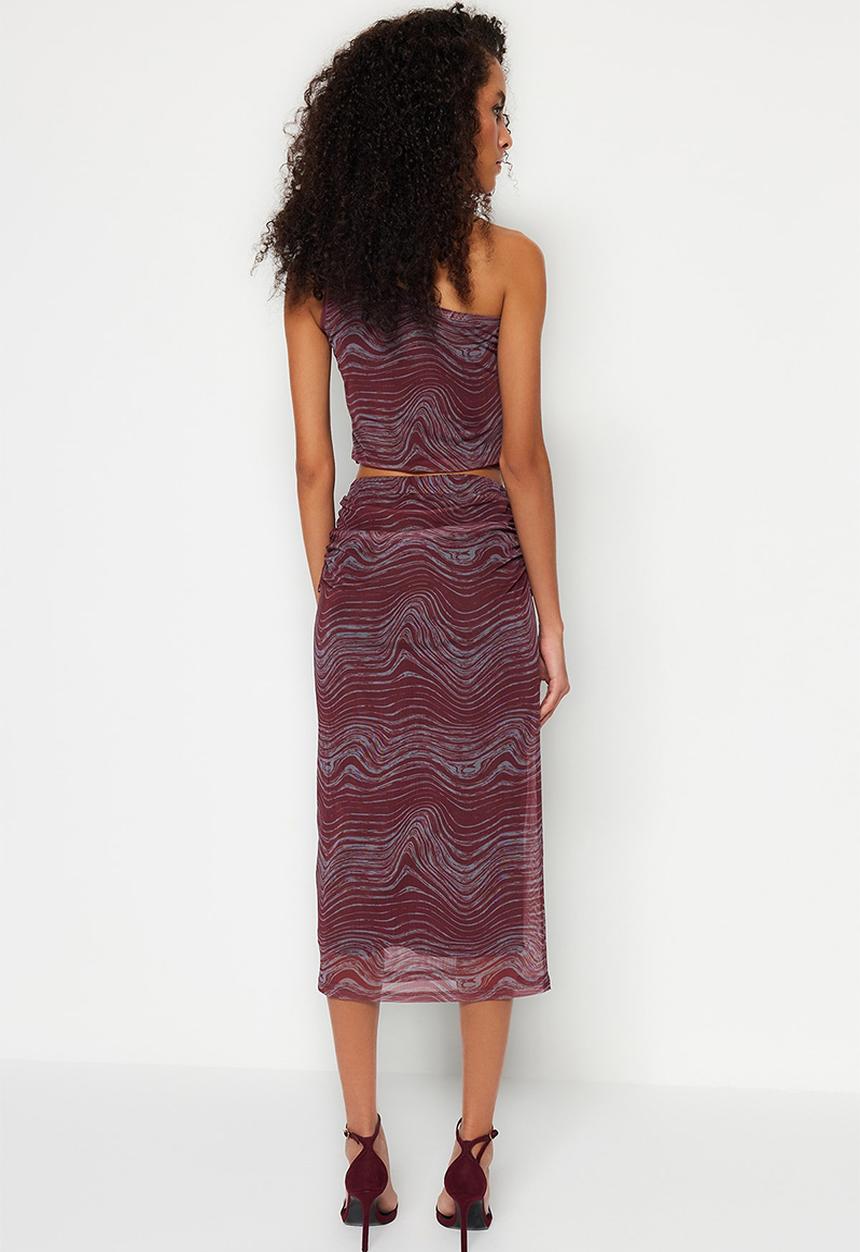 Trendyol - Printed tulle fitted high waist - burgundy