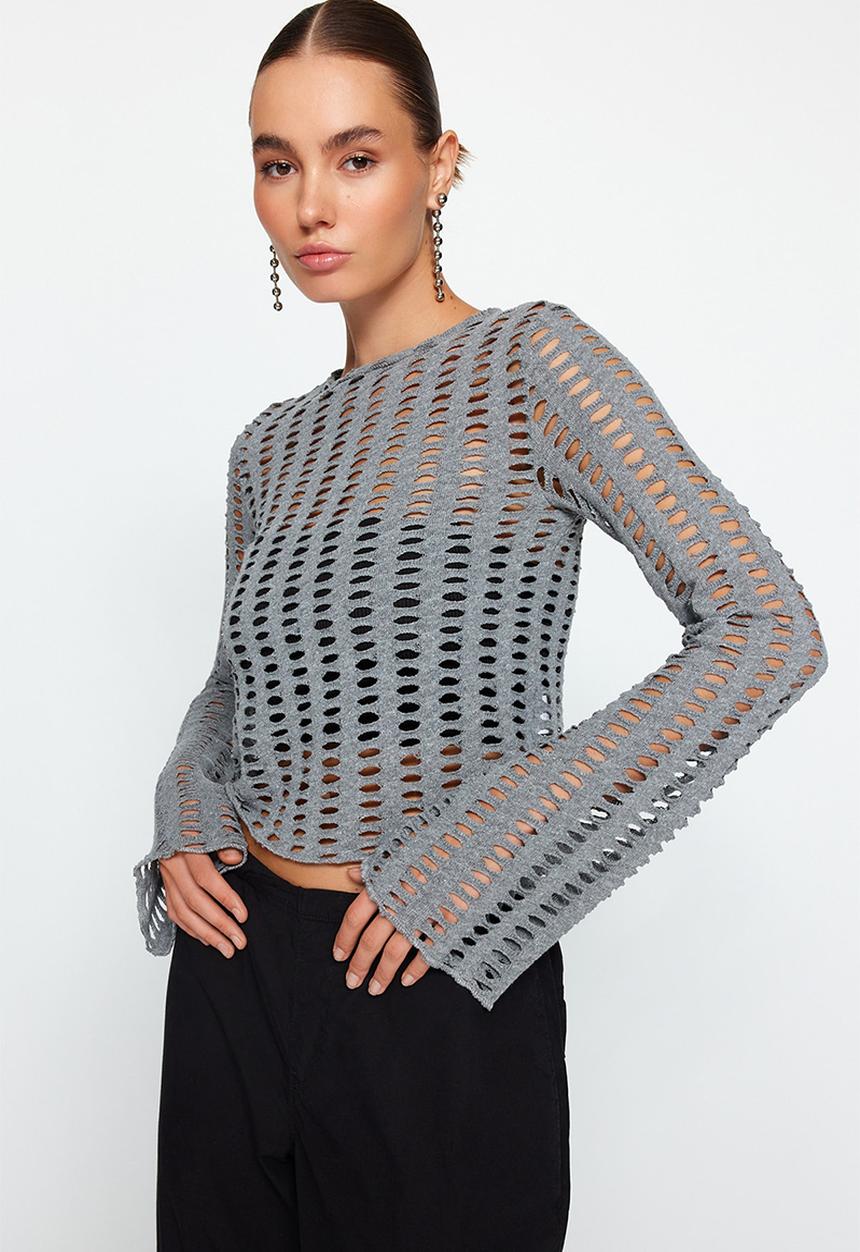 Trendyol - Mesh spanish sleeve slim fit crop blouse - grey