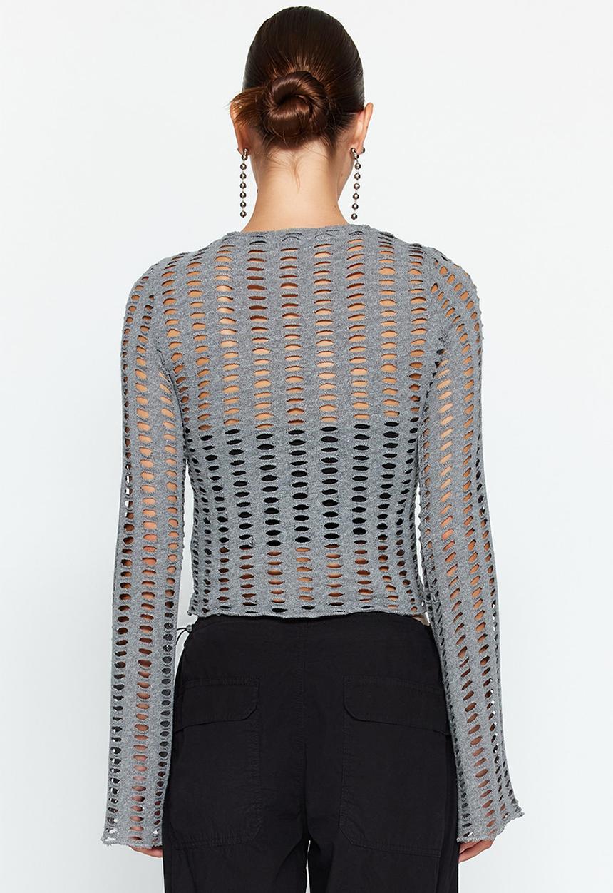 Trendyol - Mesh spanish sleeve slim fit crop blouse - grey