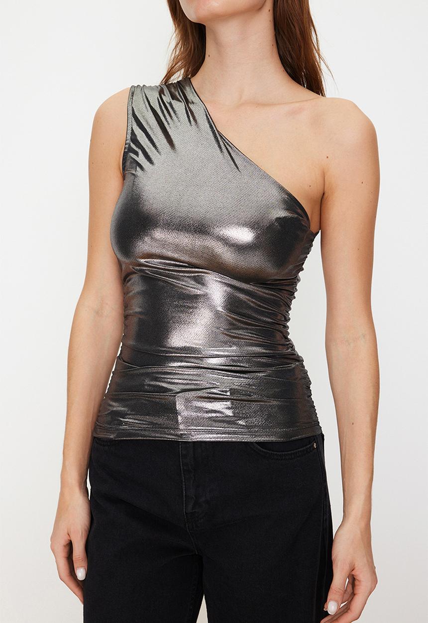 Trendyol - Foil/glossy print one-sleeve fitted knit blouse - grey