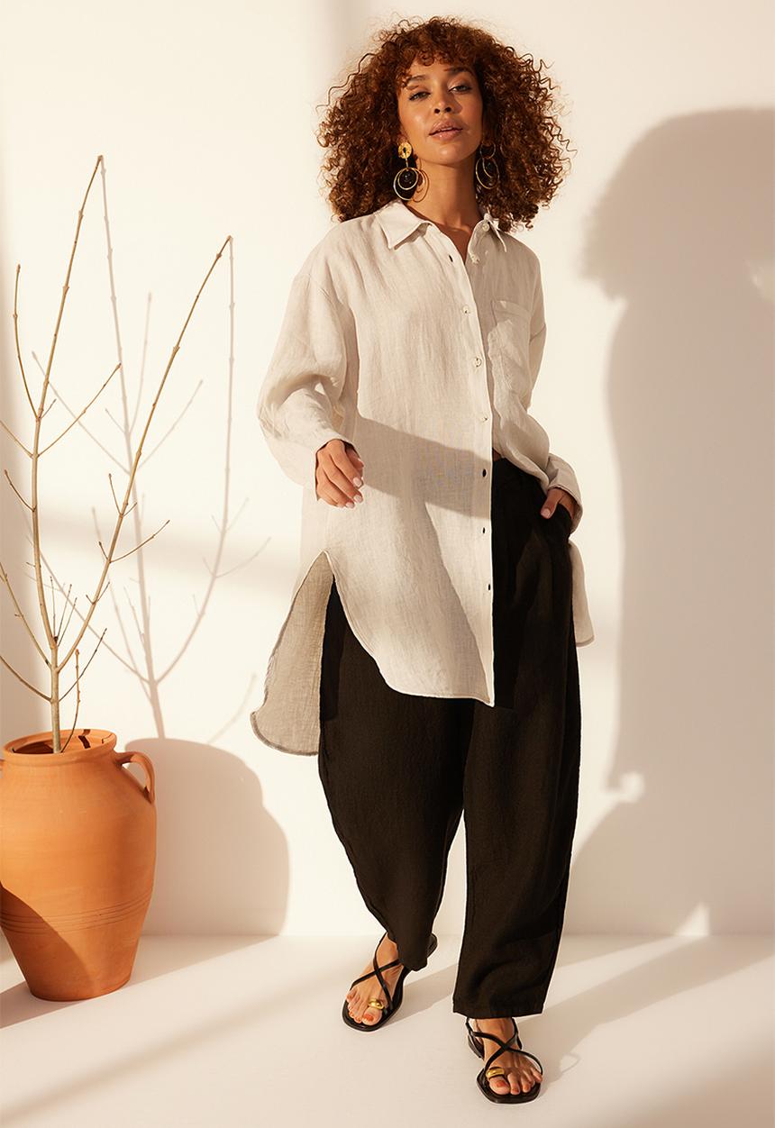 Trendyol - Gray oversize linen shirt - grey