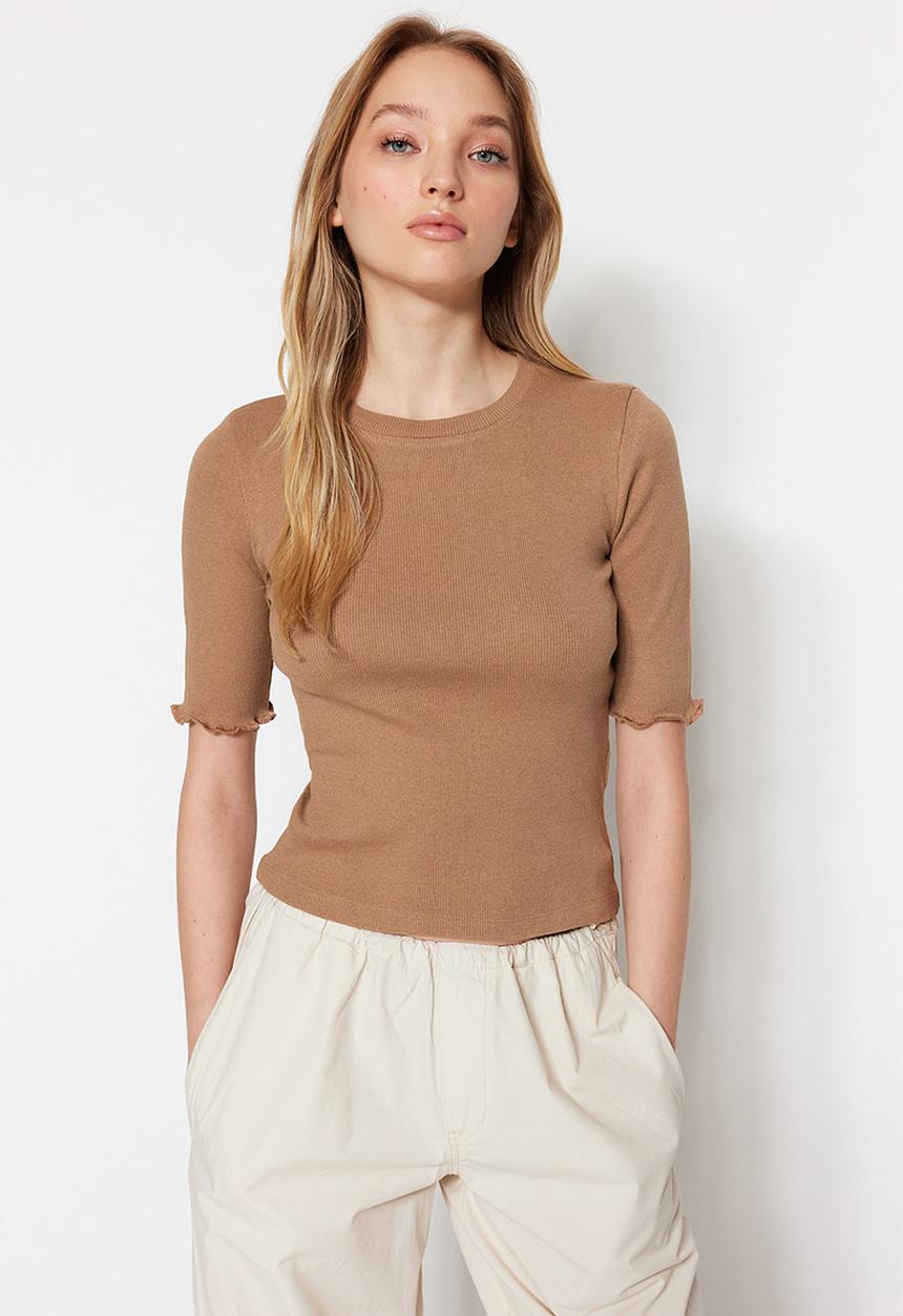 Trendyol - Fitted basic corduroy knitted blouse - mink