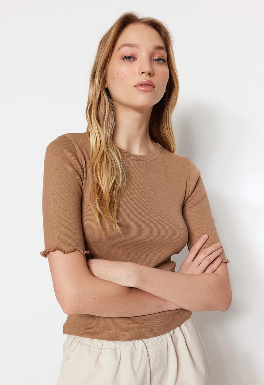 Trendyol - Fitted basic corduroy knitted blouse - mink