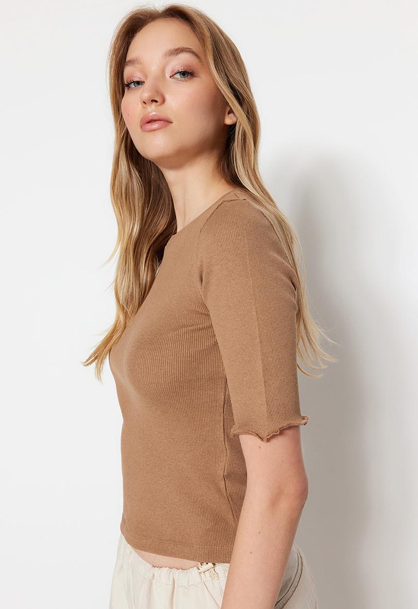 Trendyol - Fitted basic corduroy knitted blouse - mink