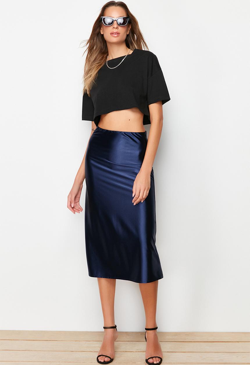 Trendyol - Premium satin midi knit skirt - indigo