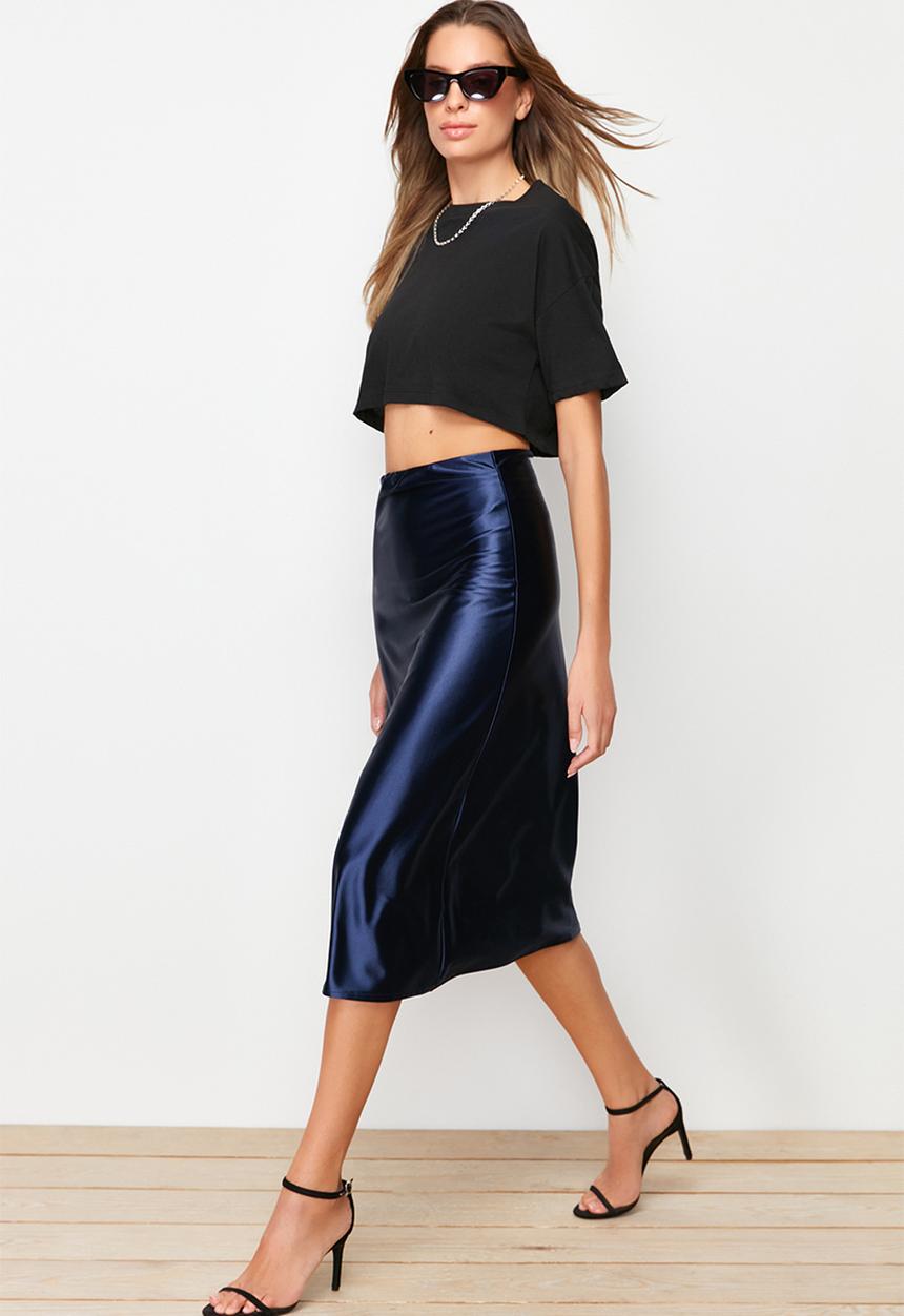 Trendyol - Premium satin midi knit skirt - indigo
