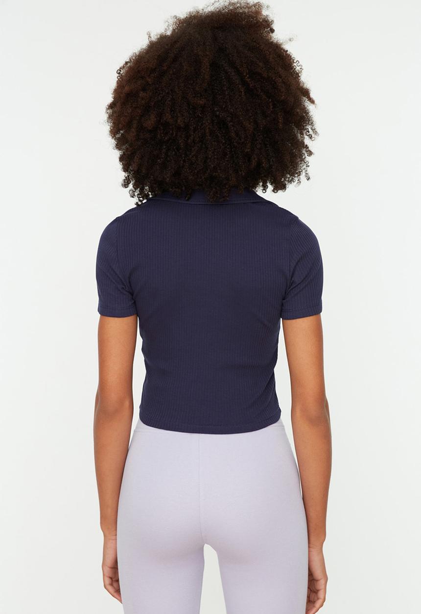 Trendyol - Crop polo neck ribbed knit blouse - dark blue