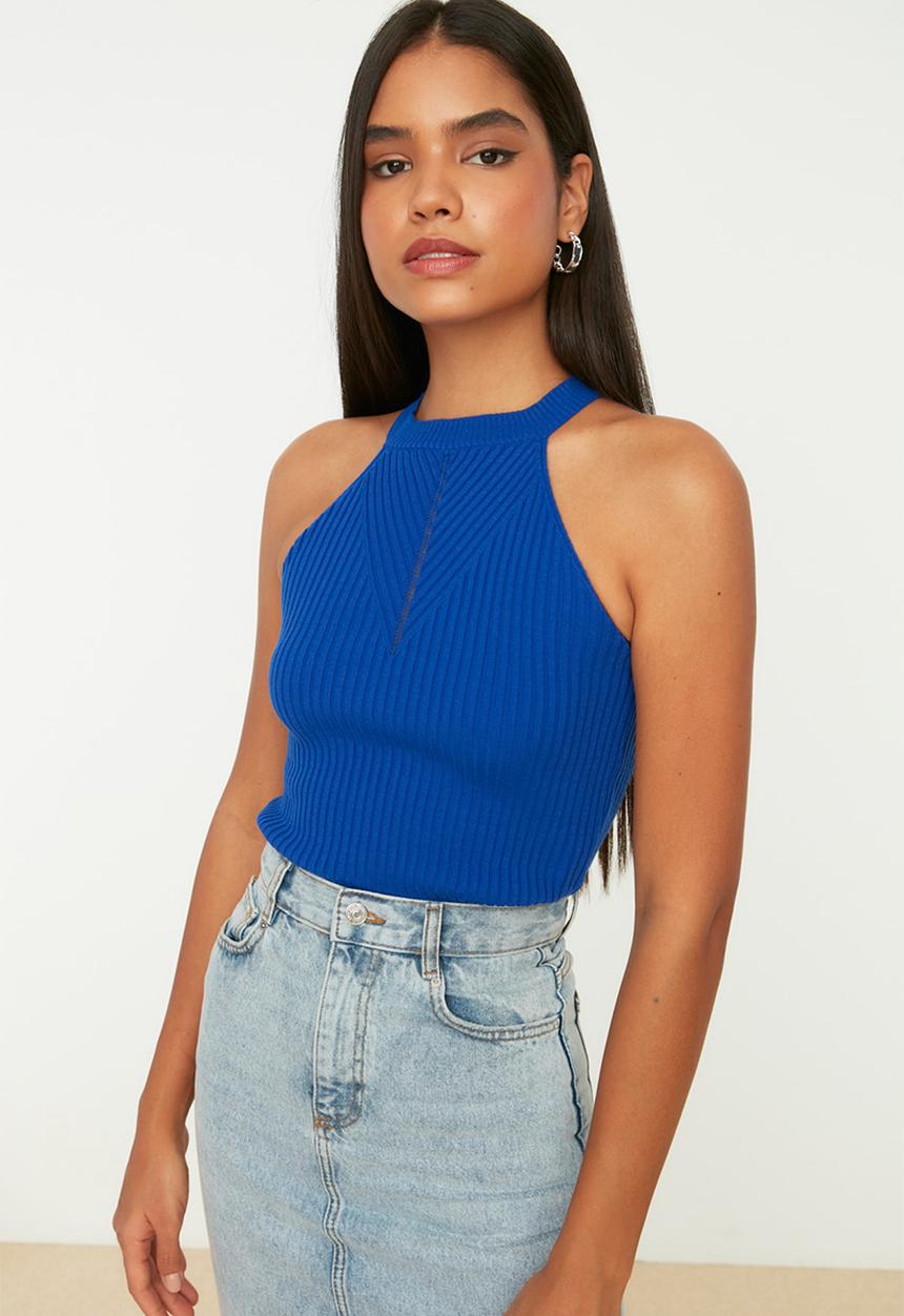 Trendyol - Basic halter neck knitwear blouse - sax