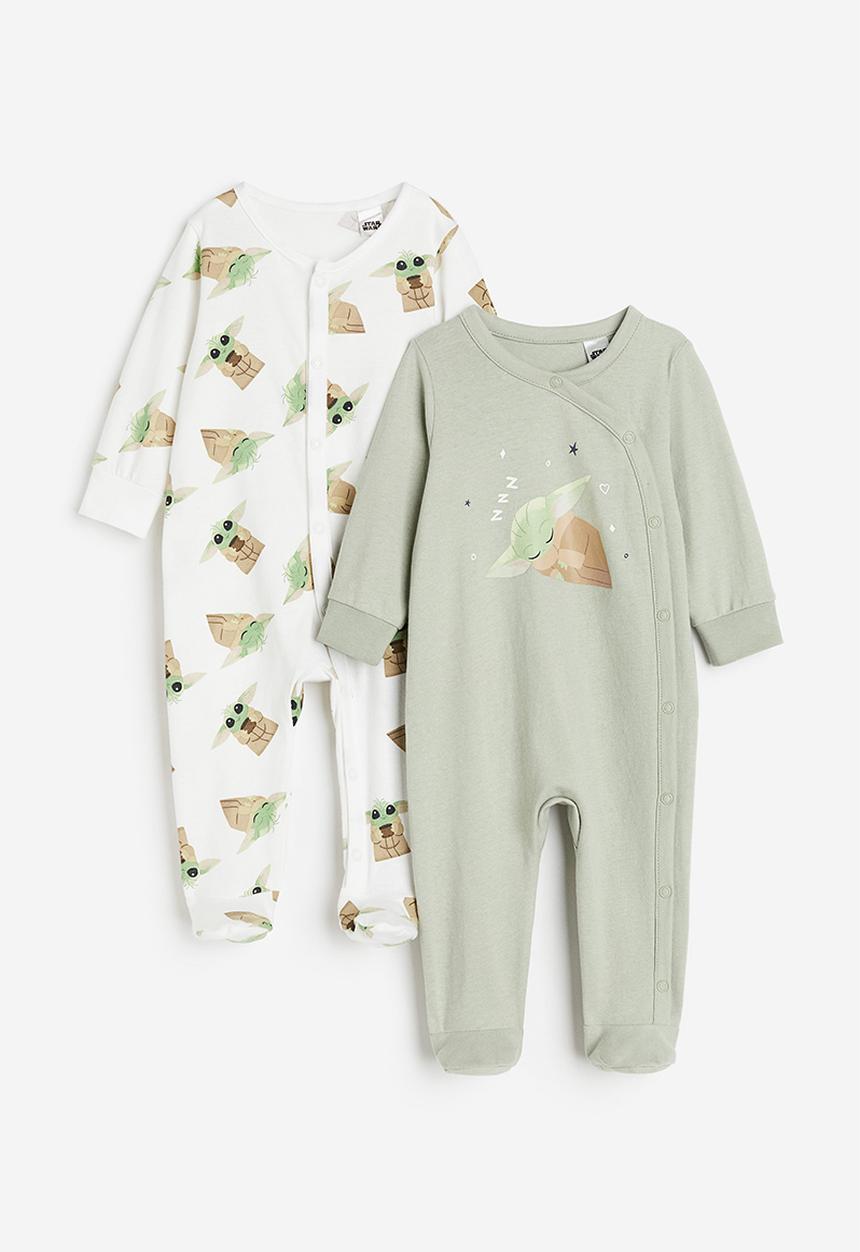 H&M - 2-Pack sleepsuits with full feet - white & green