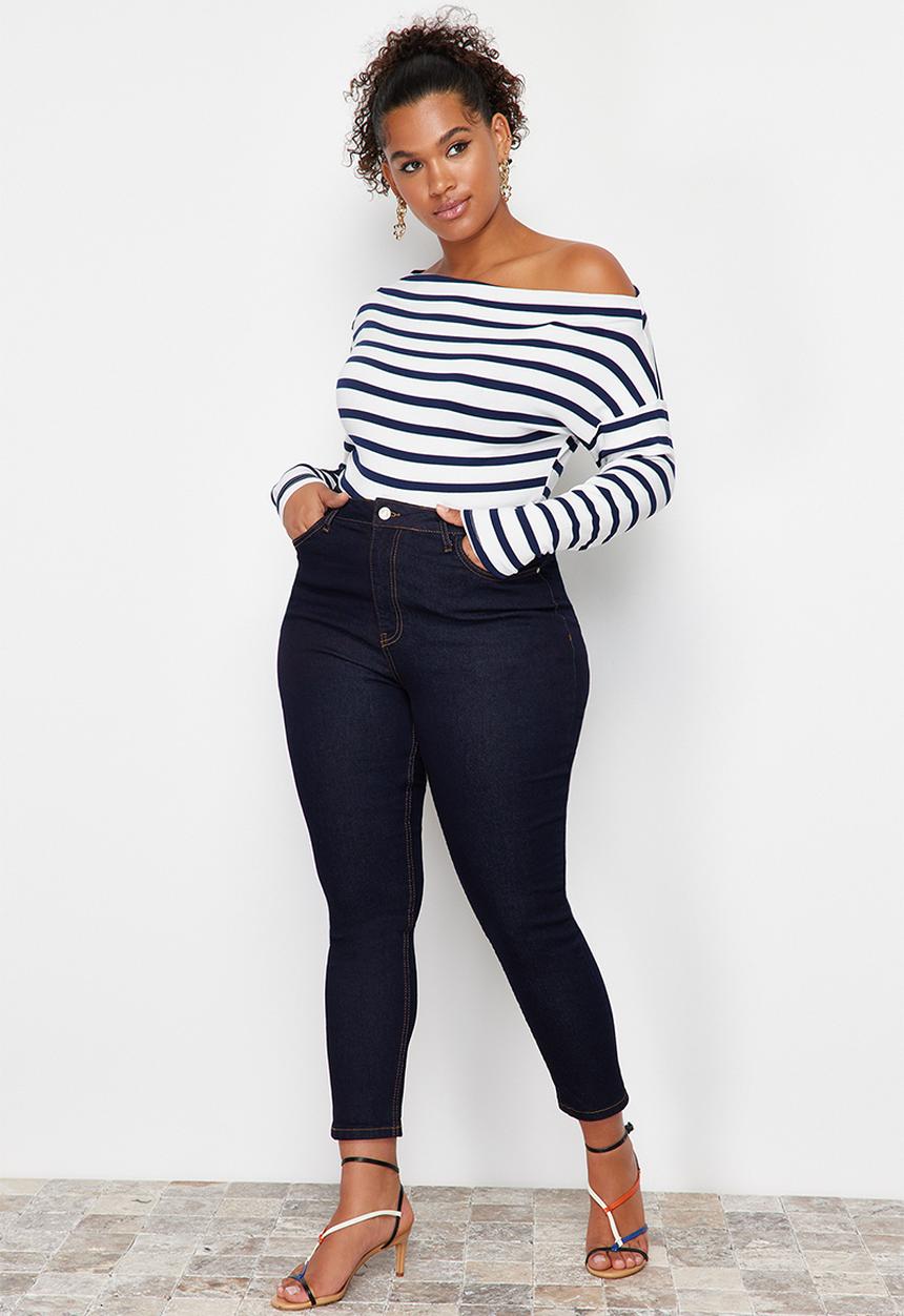 Trendyol - Plus navy blue striped premium boat neck knit blouse - light navy blue