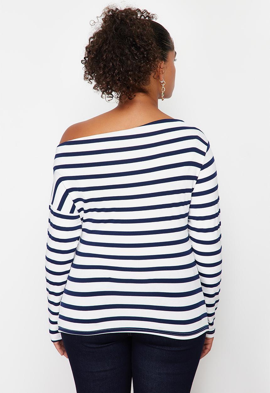 Trendyol - Plus navy blue striped premium boat neck knit blouse - light navy blue
