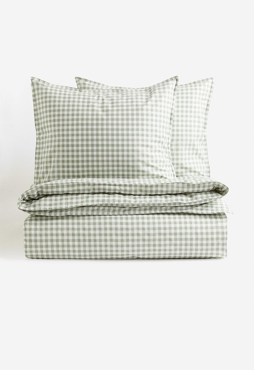 H&M - Patterned double/king size duvet cover set - Khaki green Gingham-check