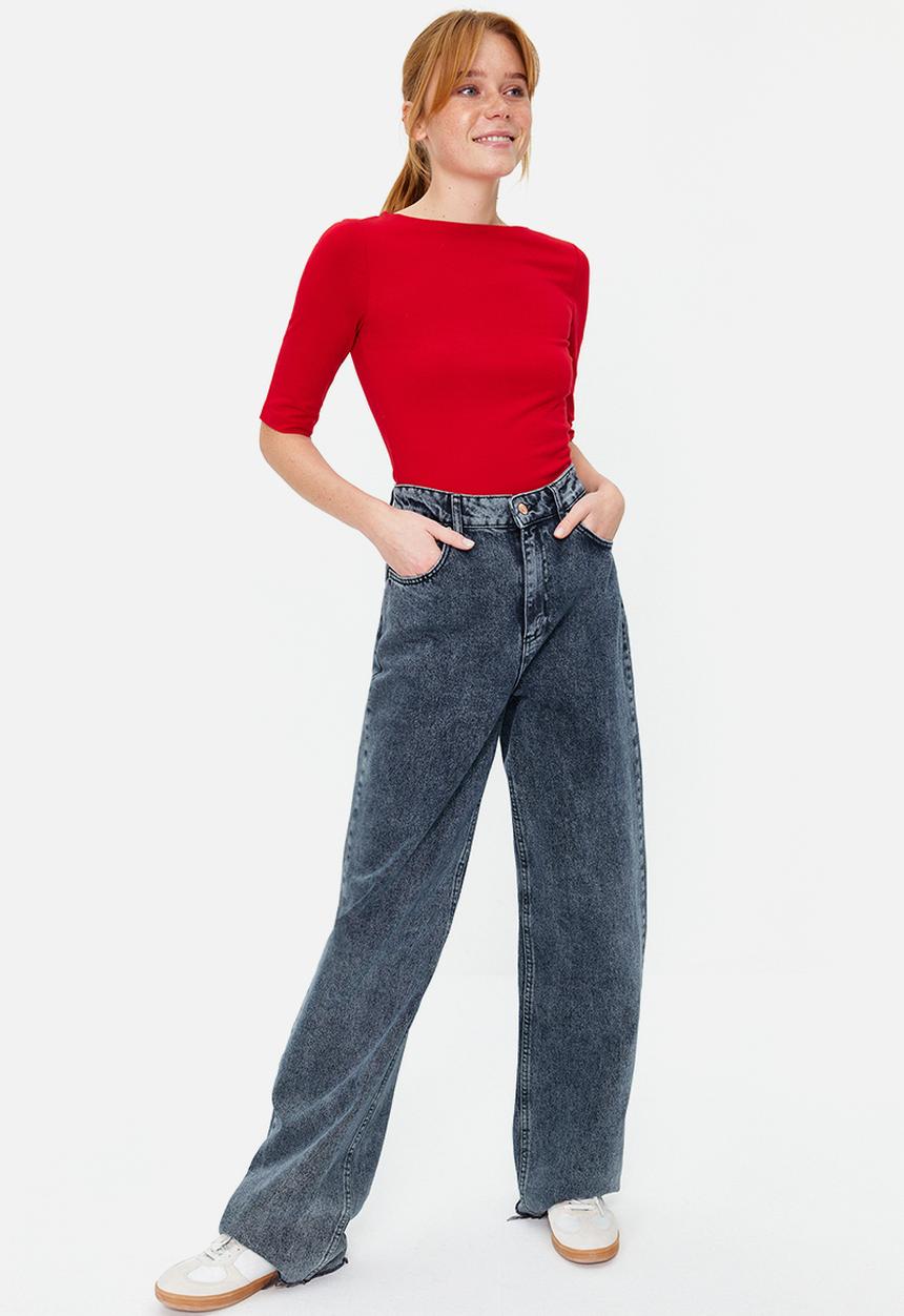 Trendyol - Fitted/situated boat neck short sleeve knitted blouse - red