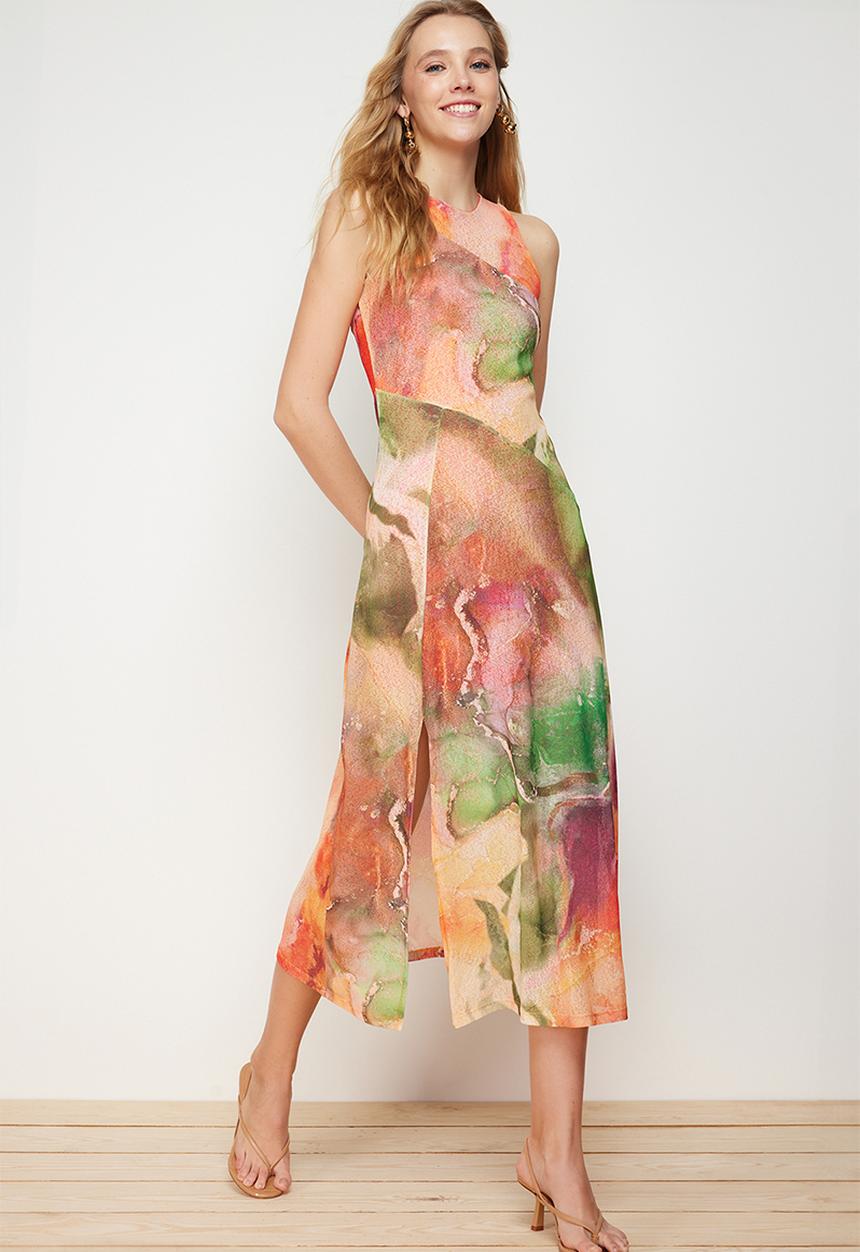 Trendyol - Special textured lined midi slit halter neck knitted dress - orange